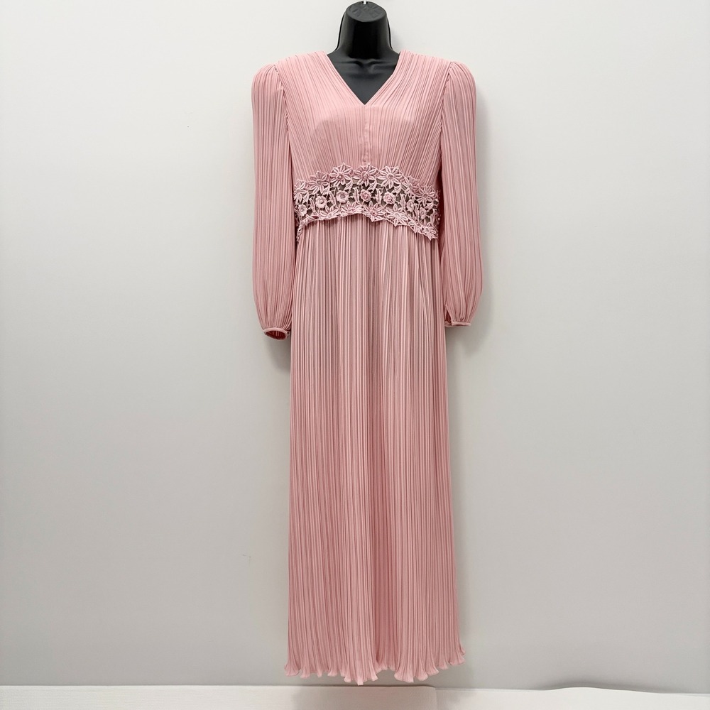 Vintage Lee Jordan New York Pleated Crochet Waist Maxi Dress Pink